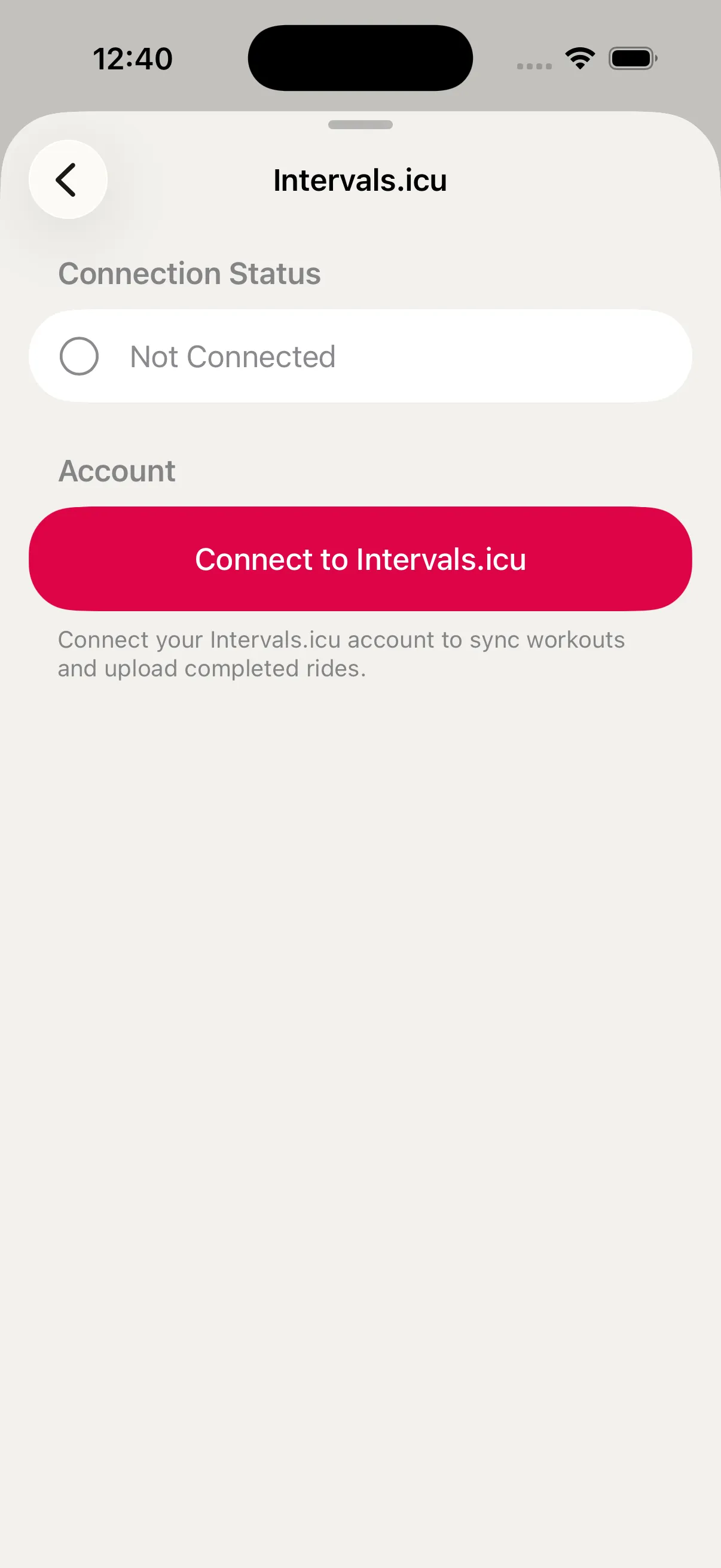 Open the Intervals.icu connection screen in Settings.